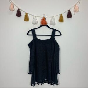Pebble & Stone Cold Shoulder Pom Pom Trim Dark Gray Knit Top Size Medium